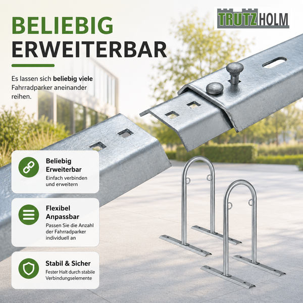 Modulares Fahrradständersystem von Trutzholm aus verzinktem Metall, beliebig erweiterbar durch stabile Verbindungselemente.