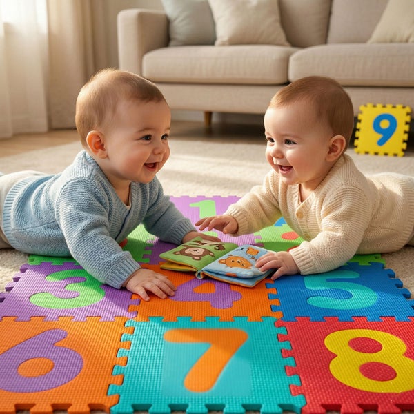 Zwei Babys spielen auf einer bunten Schaumstoff-Puzzlematte mit Zahlen in einem hellen Wohnzimmer.