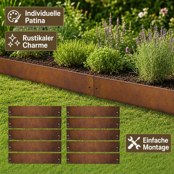 Beeteinfassung aus Cortenstahl mit Rostoptik, inklusive Montagehinweisen und dekorativen Symbolen für einen Garten im Freien.