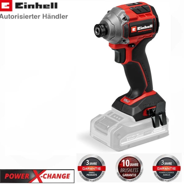 Einhell Akkumulator-Schlagschrauber Power X-Change, 3 Jahre Garantie auf Gerät und Akkumulator, 10 Jahre Motor-Garantie. Einhell Logo.