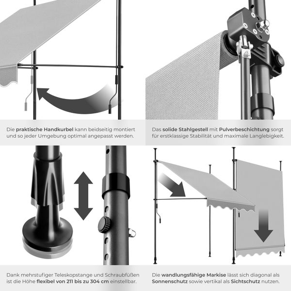 Klemmmarkise mit Teleskopstangen, Handkurbel und verstellbarer Höhe von 211 bis 304 Zentimeter, nutzbar als Sonnenschutz oder Sichtschutz.