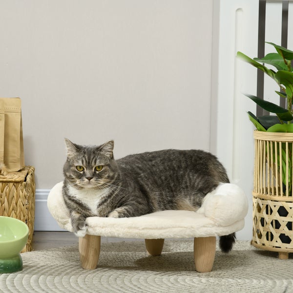 PawHut Hundesofa, Hundebett, Haustiersofa mit Erhöhtem Design, Hundecouch, Katzensofa, Hundesessel mit Holzbeine, Flanelle, Creme, 47 x 40 x 20 cm