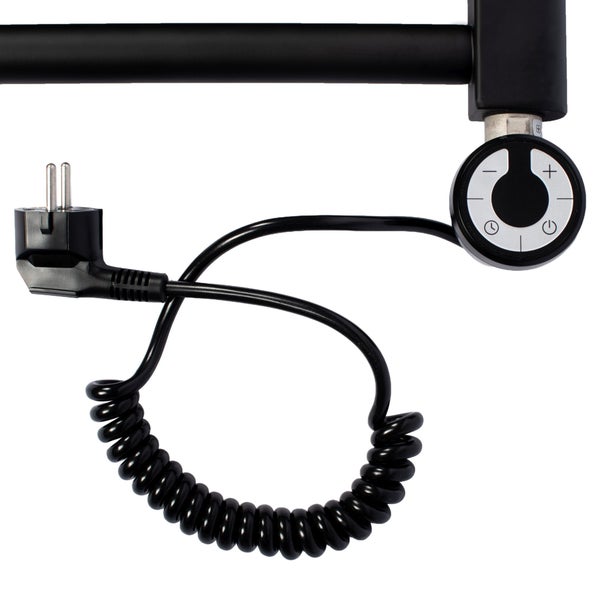 Heizstab für Handtuchheizkörper mit Thermostat, Zeitschaltuhr, Spiralkabel und Stecker.