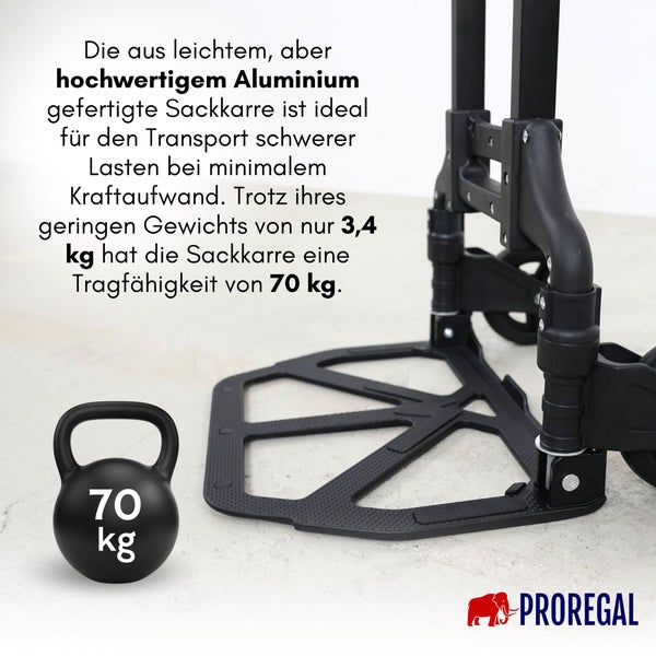 PROREGAL Klappbare Profi-Sackkarre ELEPHANT HxBxT 110x39x42cm Traglast 70kg Aluminiumrahmen, ergonomische Griffe, TRR Fachgummiräder Schwarz