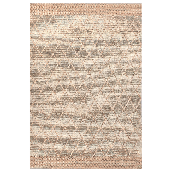 Rechteckiger gewebter Teppich in Beige mit Rautenmuster und geflochtenen Bordüren.