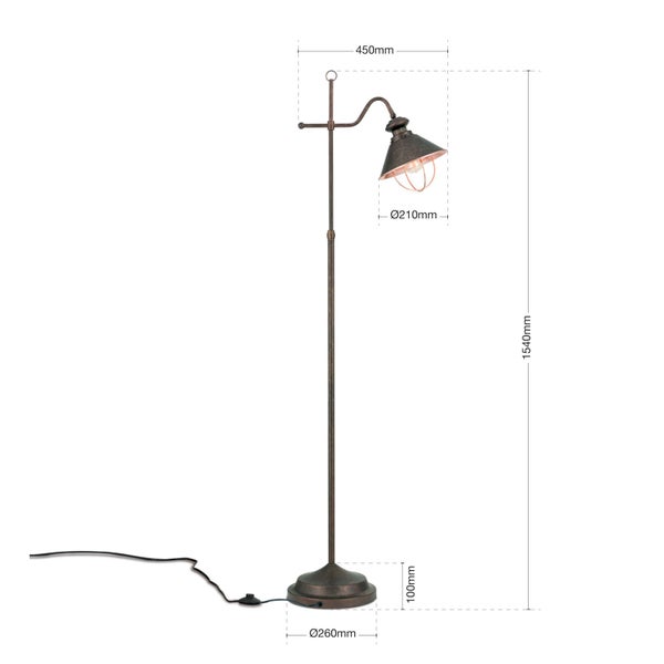 Stehlampe mit Lampenschirm und den Maßen 450 mm, Durchmesser 210 mm, Höhe 1540 mm, Fußdurchmesser 260 mm und Fußhöhe 100 mm.