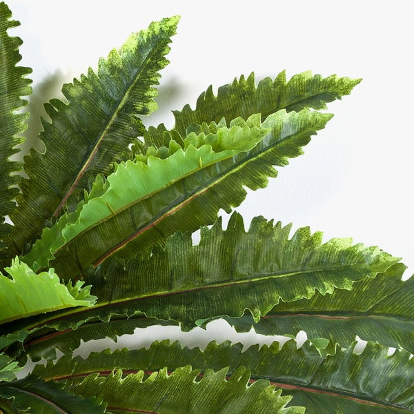 Nahaufnahme eines künstlichen Farns mit gezackten grünen Blättern und rötlichen Blattadern.