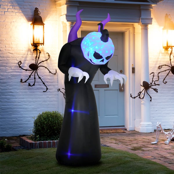 Outsunny 210 cm Aufblasbar Gespenst mit Kürbiskopf Halloweendeko mit blauem Flammeneffekt mit LED-Lichte Aufblasbare Halloweendekoration Wasserdicht für den Innen und Außenbereich