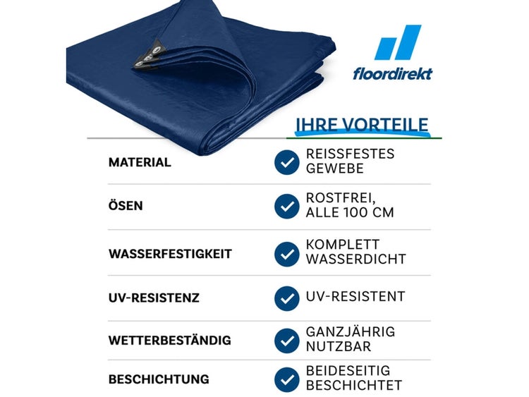 FLOORDIREKT Abdeckplane - Wasserdichte Plane - mit Ösen - Schutzplane - 80 g/m² - 6 x 10 m - Blau