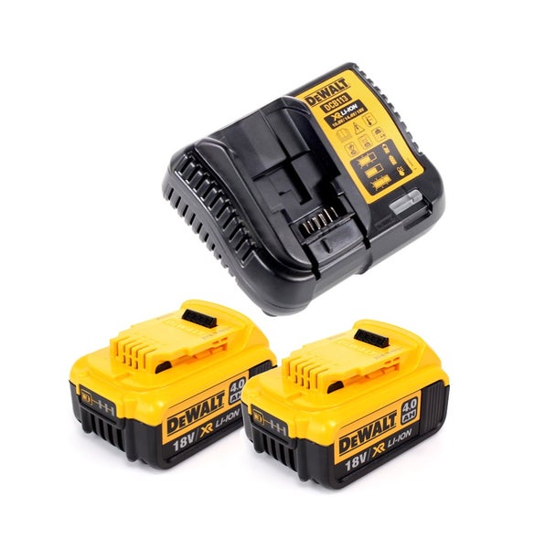 DeWalt Akku-Starter-Set mit zwei 18 Volt, 4,0 Ah Lithium-Ionen-Akkus und einem Ladegerät.
