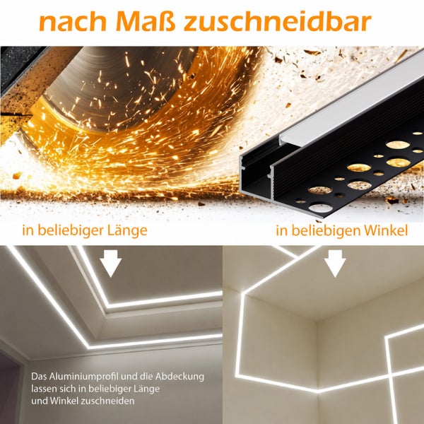 Aluminiumprofil für LED Streifen, zuschneidbar auf individuelle Länge und Winkel für indirekte Beleuchtung in Decken und Wänden.