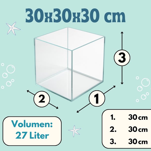 Klarer Acrylbehälter mit den Maßen 30 x 30 x 30 cm und einem Volumen von 27 Litern.