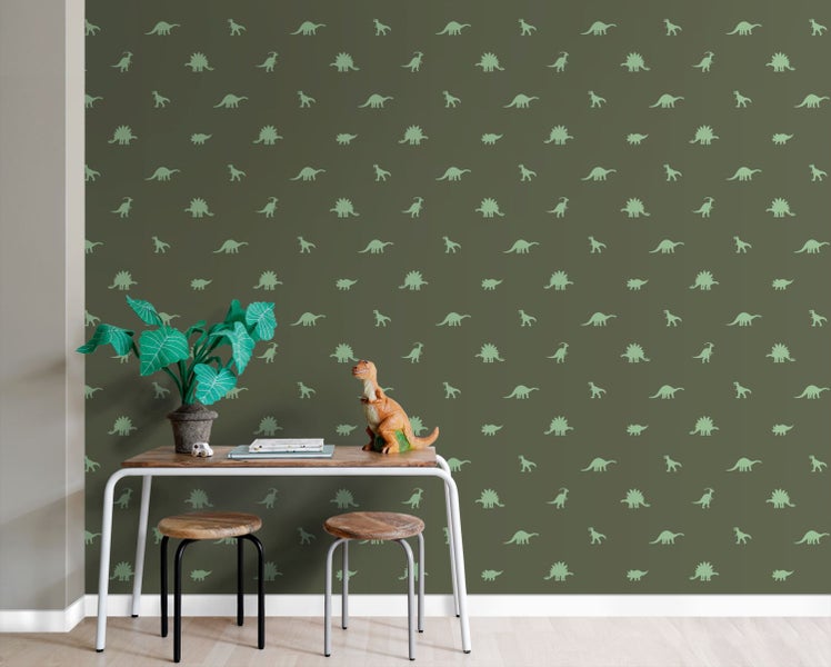 Zimmer mit Dinosaurier-Tapete, Schreibtisch und Hockern