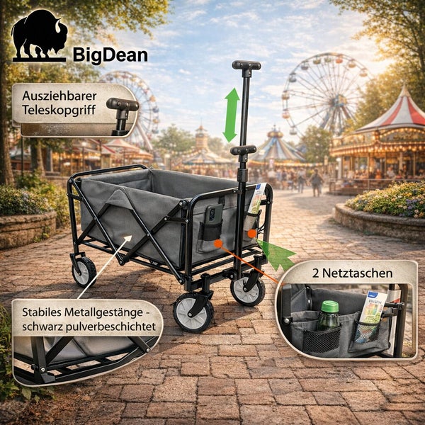 Faltbarer Bollerwagen mit Teleskopgriff und zwei Netztaschen mit pulverbeschichtetem Metallgestänge vor einem Jahrmarkt BigDean Logo