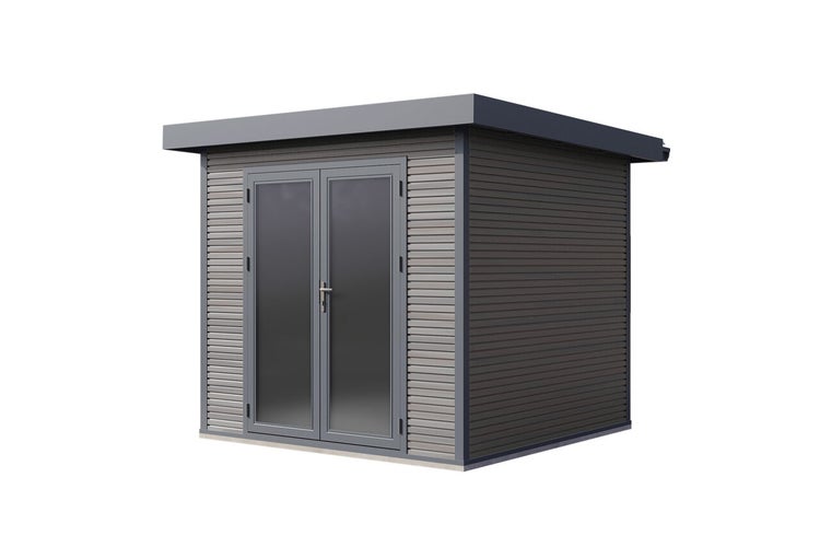 Modernes Gartenhaus mit Flachdach und Doppeltür mit Glaseinsätzen aus robusten Holzpaneelen.