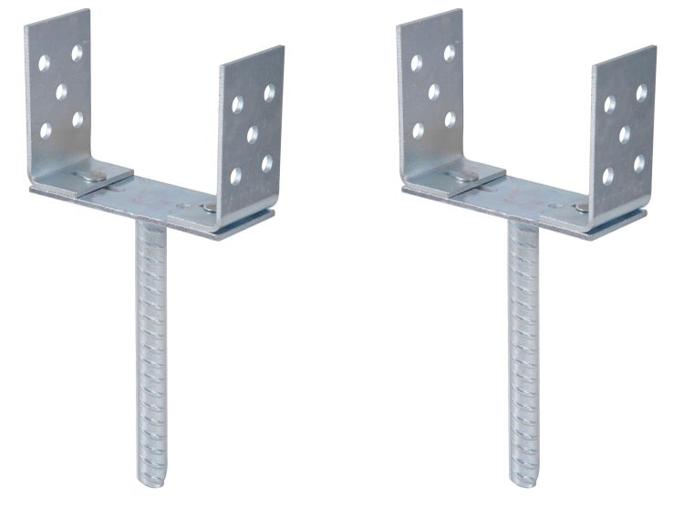Zwei verstellbare U-Pfostenträger aus verzinktem Stahl mit Betonanker zum Einbetonieren.