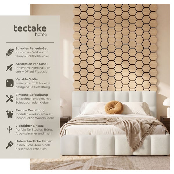 Tectake Home Logo. Schallabsorbierende Wandpaneele in Sechseck-Optik aus Holzwerkstoff und Echtholzfurnier auf Filzbasis im modernen Schlafzimmer.