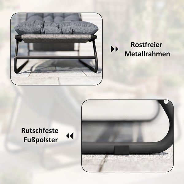 Detailansicht eines Gartenstuhls mit rostfreiem Metallrahmen und rutschfesten Fußpolstern.