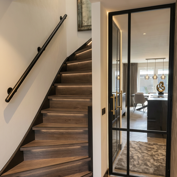 Moderne Holztreppe mit LED-Stufenbeleuchtung, schwarzem runden Handlauf und einer großen Glastür mit schwarzem Metallrahmen.