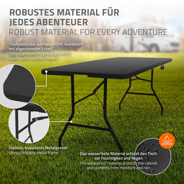 ML-Design Campingtisch klappbar Schwarz 180x74 cm Kunststoff, Klapptisch mit Tragegriff, Falttisch für Garten Terrasse Balkon, Gartentisch 6 Personen, Buffettisch Partytisch Koffertisch Flohmarkttisch