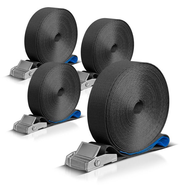 Vier Spanngurte, jeweils fuenf Meter lang, mit TUEV Sued und GS Zeichen fuer Gepruefte Sicherheit