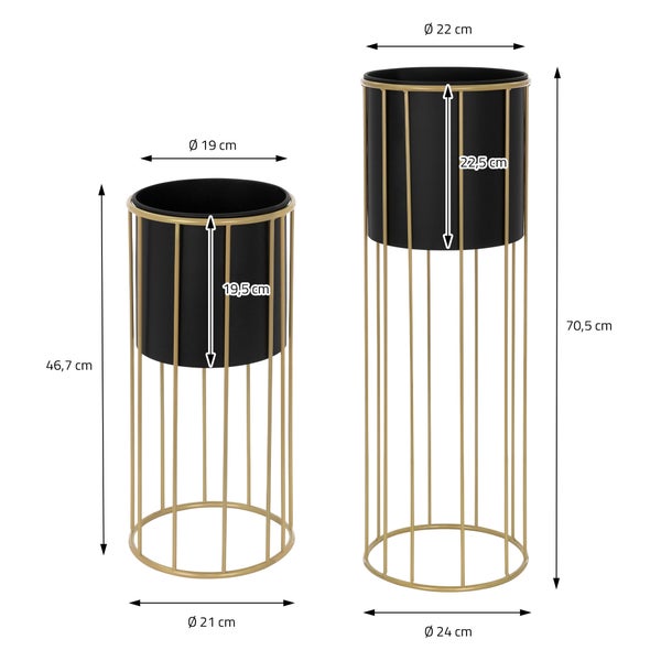 ML-Design Blumenständer 2er Set, Schwarz-Gold, 21x46,7/24x70,5 cm, rund, Stahl, Blumentopfständer mit Übertopf, Metall Pflanzenständer, Blumentopfhalter 2-tlg, Pflanztopf Deko Blumensäule Blumenhocker
