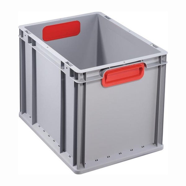 Eurobox aus grauem Kunststoff mit roten Griffen, stapelbar.