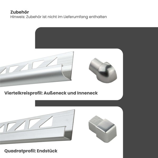 Viertelkreisprofil mit Außeneck und Inneneck sowie Quadratprofil mit Endstück aus Metall für Fliesen.