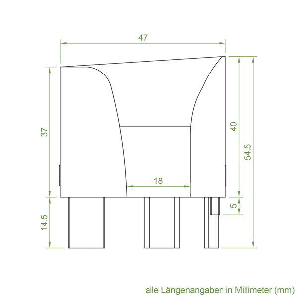 Technische Zeichnung mit Maßangaben in Millimetern für ein Bauteil.