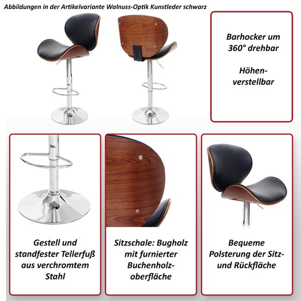 Barhocker mit Walnussoptik und schwarzem Kunstleder, drehbar und höhenverstellbar, Gestell aus verchromtem Stahl