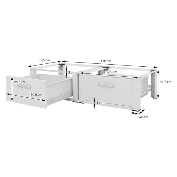 ML-Design Doppel Waschmaschinen Untergestell mit 2 Schubladen, Weiß, 128x53,5x31,5 cm, Waschmaschinen-Sockel 2-Fach 2x150 kg, Stahl, Doppeluntergestell Doppelpodest Sockel Erhöhung Trockner Unterbau