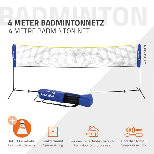Hauki Badminton Netz, Tennisnetz 400 cm, Blau, H156 cm, Federballnetz Set inkl. 3x Federball, Transporttasche, stabilem Eisen-Gestell, Tragbares Volleyballnetz, Trainingsnetz Indoor & Outdoor, Garten