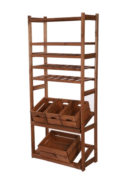 PROREGAL Getränkekisten- & Weinregal SPREEWALD HxBxT 163x70x33cm 18 Flaschen auf 3 Ebenen + 2 Ebenen für Kisten + 2 Ablagen Massives Kiefernholz Braun geölt