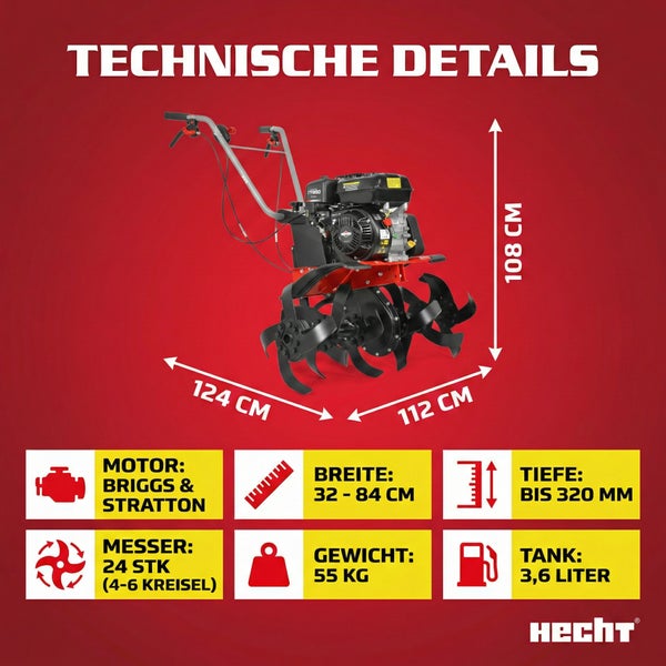 Technische Details einer Motorhacke mit Maßen und Spezifikationen