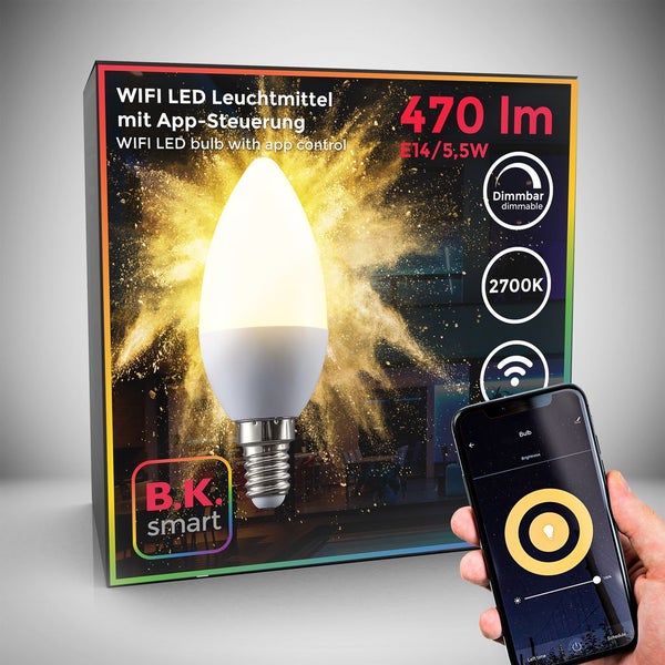WIFI LED Leuchtmittel E14 Kerzenform B.K. Licht, 470 Lumen, 5,5 Watt, warmweiß, dimmbar, mit App-Steuerung und Smartphone. B.K. smart Logo.