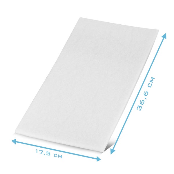 Weiße Filtermatte mit den Maßen 17,5 Zentimeter mal 36,6 Zentimeter.