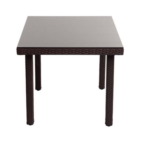 Quadratischer Gartentisch mit Glasplatte und Rattanoptik