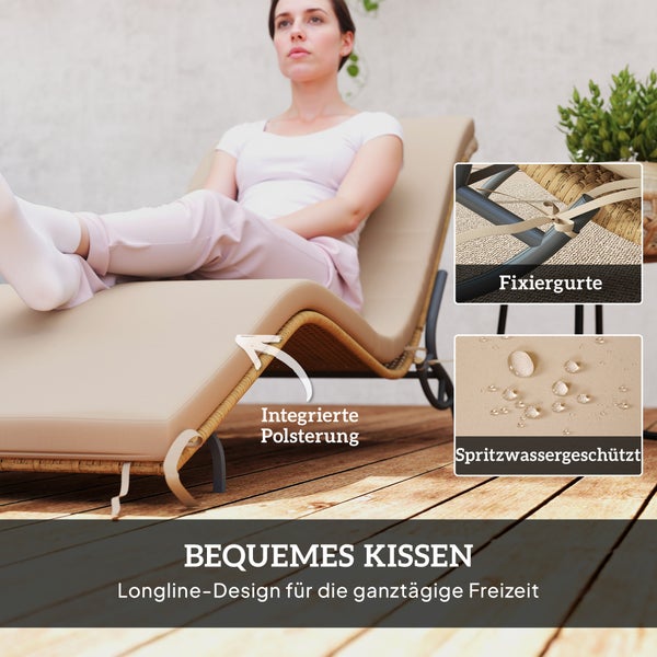Outsunny Sonnenliege Polyrattan Wasserabweisend Gartenliege mit Kissen, wetterfest Liege 120 kg belastbar UV-bständig Relaxliege Liegestuhl Gartenmöbel für Garten Balkon Outdoor 166 x 63 x 76 cm Beige