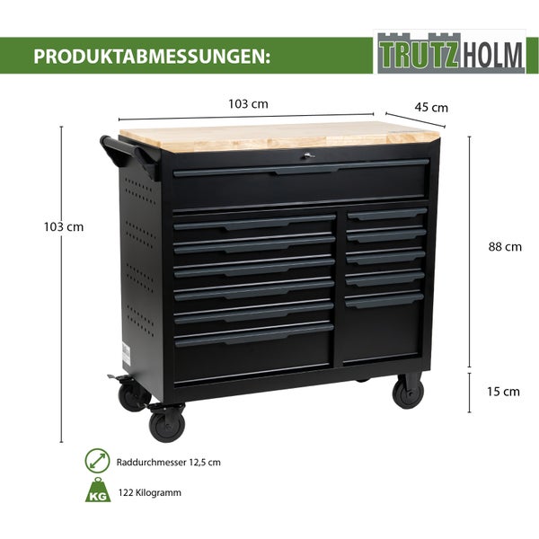 Werkstattwagen von Trutzholm mit Holzplatte und 10 Schubladen. Maße: 103 mal 45 mal 103 Zentimeter. Rollendurchmesser 12,5 Zentimeter, Gewicht 122 Kilogramm.