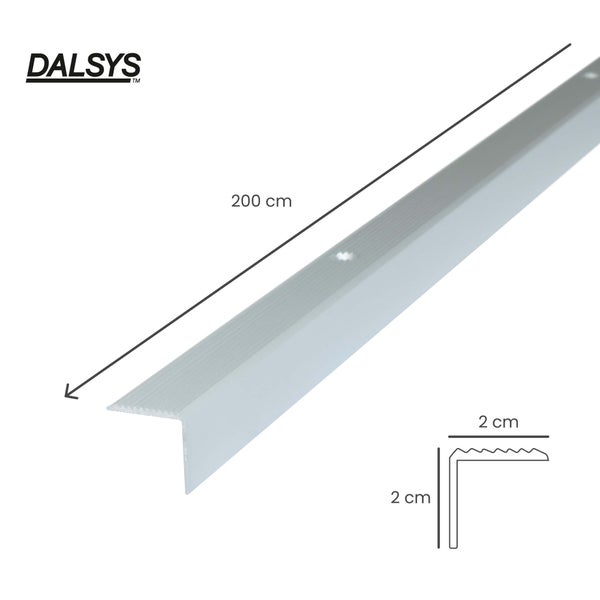 Dalsys Treppenkantenprofil aus Aluminium, 200 Zentimeter lang, 2 mal 2 Zentimeter, geriffelte Oberfläche. Dalsys Logo.