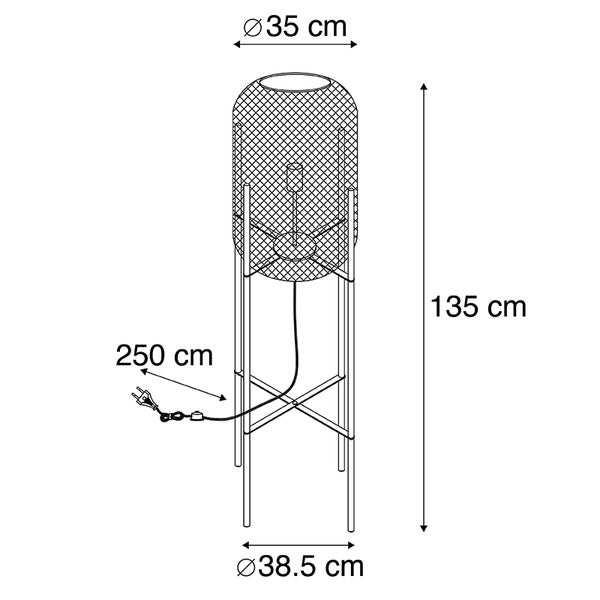Technische Zeichnung einer Stehlampe mit den Maßen 135 cm Höhe, 35 cm Durchmesser oben und 38,5 cm Durchmesser unten