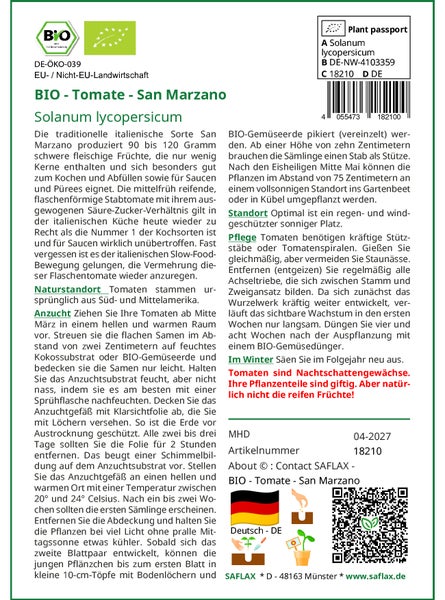 SAFLAX  - BIO - Tomate - San Marzano - Solanum lycopersicum - 15 Samen - Mit keimfreiem Anzuchtsubstrat
