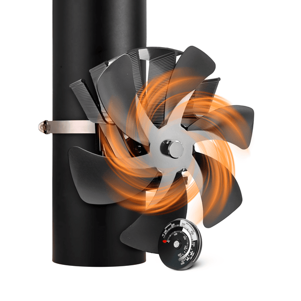 Vulpes Goods Kaminventilator - Für den Holzofen - Hängender Wärmeventilator - Stromunabhängig - 6 Blätter - Mit Thermometer