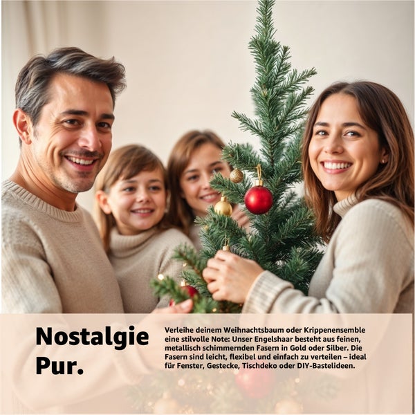 Familie schmückt Weihnachtsbaum mit Lametta für festliche Dekoration