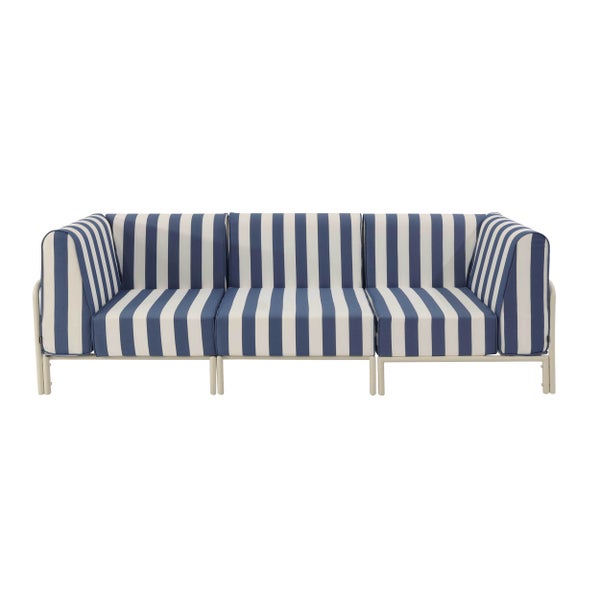 Dreisitzer Loungesofa mit blau-weiß gestreiften Polstern und hellem Metallgestell für den Garten.