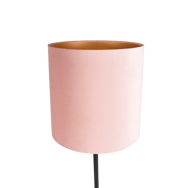 Zylindrischer Lampenschirm aus rosa Samt mit goldener Innenseite.