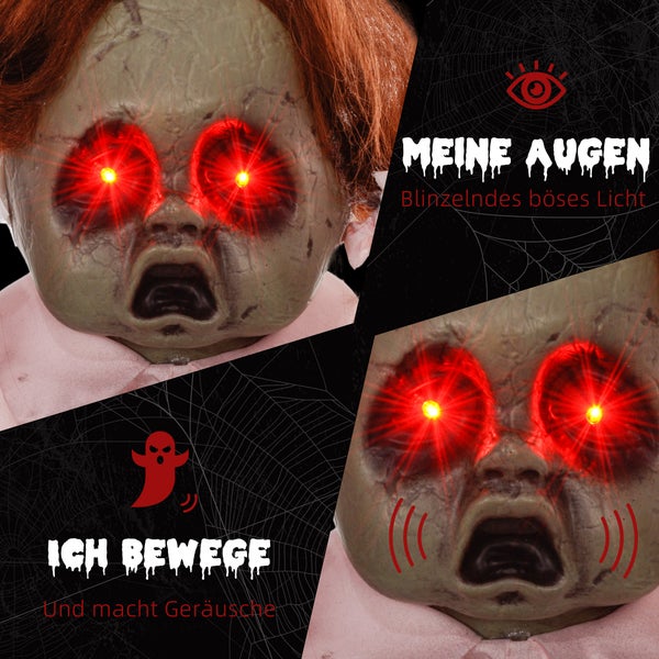 HOMCOM 76cm Halloween Dekoration Geisterpuppe mit LED-Lichter, Soundfunktion, Haustür Deko mit verstellbare Arme, Garten Dekofigur in Lebensgröße für Party