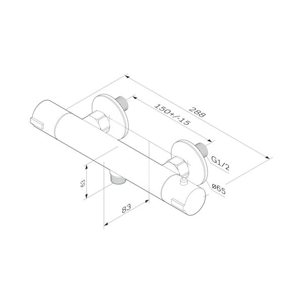 Technische Maßzeichnung eines Duschthermostats mit Breite 288 Millimeter und Anschlussabstand 150 Millimeter.