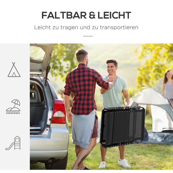 Zusammengeklappte und aufgeklappte Relaxliege mit Kissen und Seitentasche.