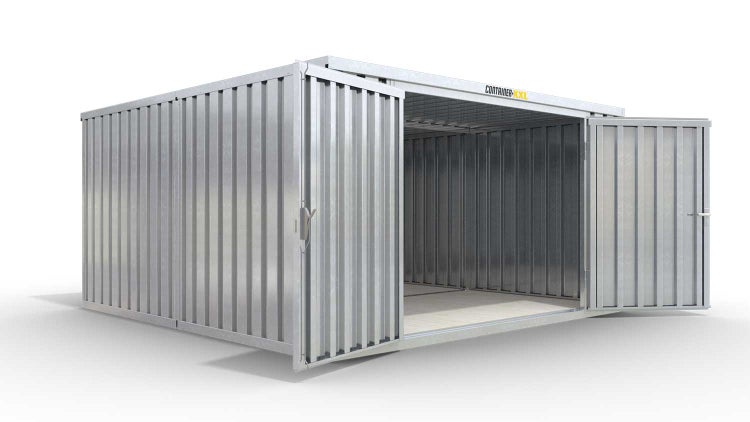 Lagercontainer Gerätehaus XL2  – 21 qm, H2150 x B5080 x T4340 mm, verzinkt, mit Holzfußboden, 2750 mm Doppelflügeltür mittig in Stirnseite, zerlegt
